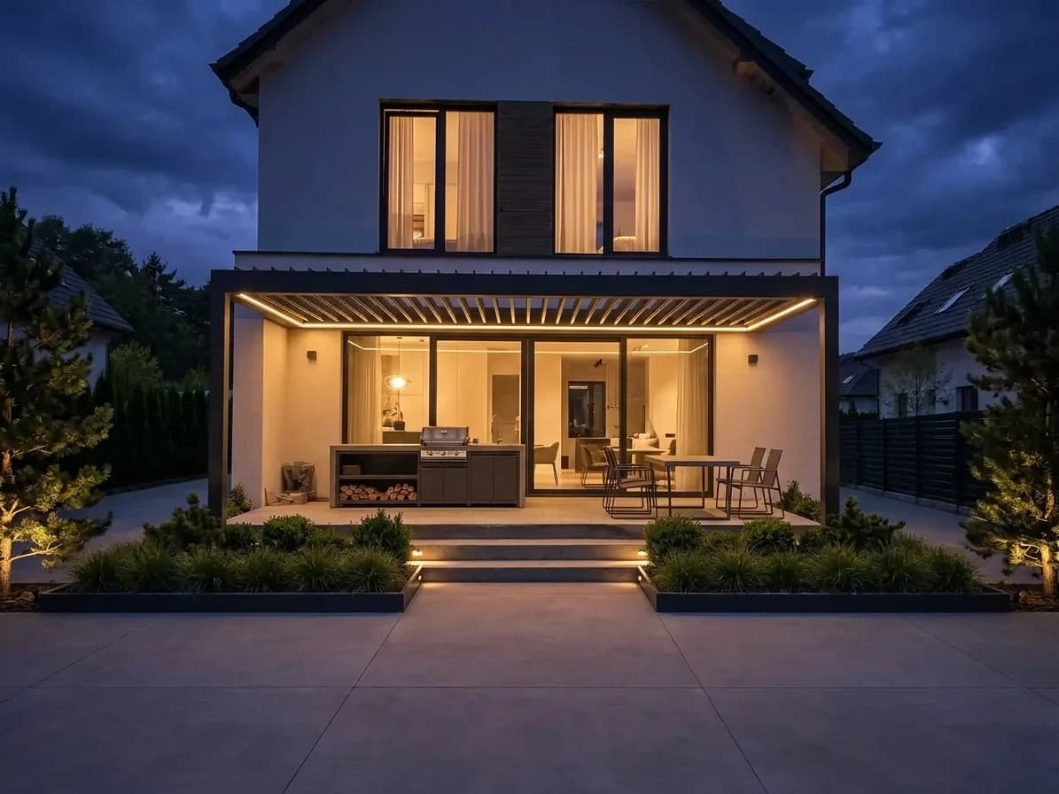 The finished terrace at blue hour with warm integrated pergola, step, and path lighting